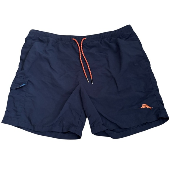 Men's Tommy Bahama Relax Navy Blue Swim Shorts with Orange Accents - Picture 1 of 10